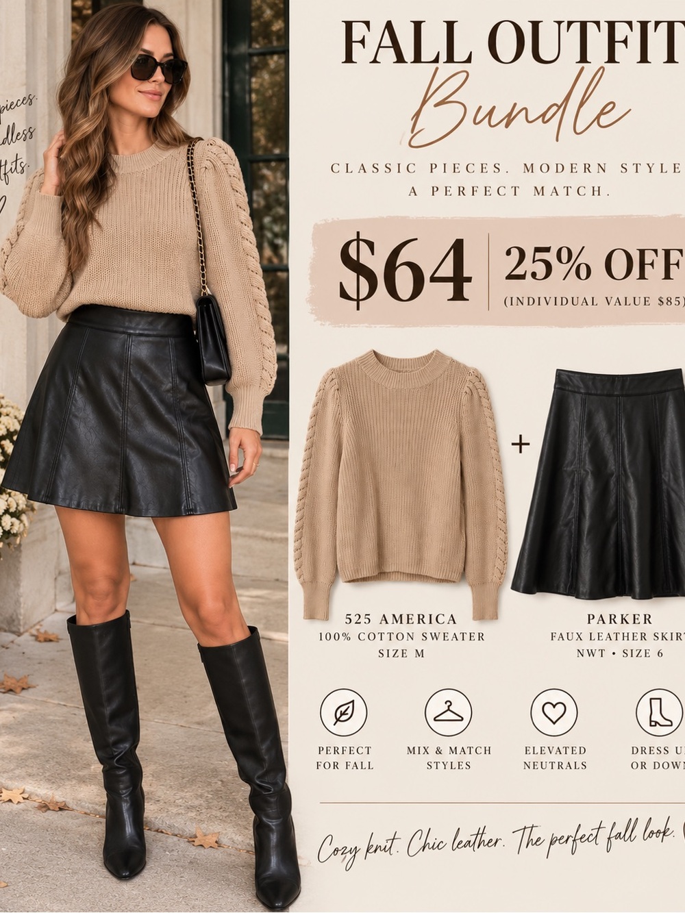 525 America Beige Cable Knit Sweater with Black Faux Leather Skater Skirt